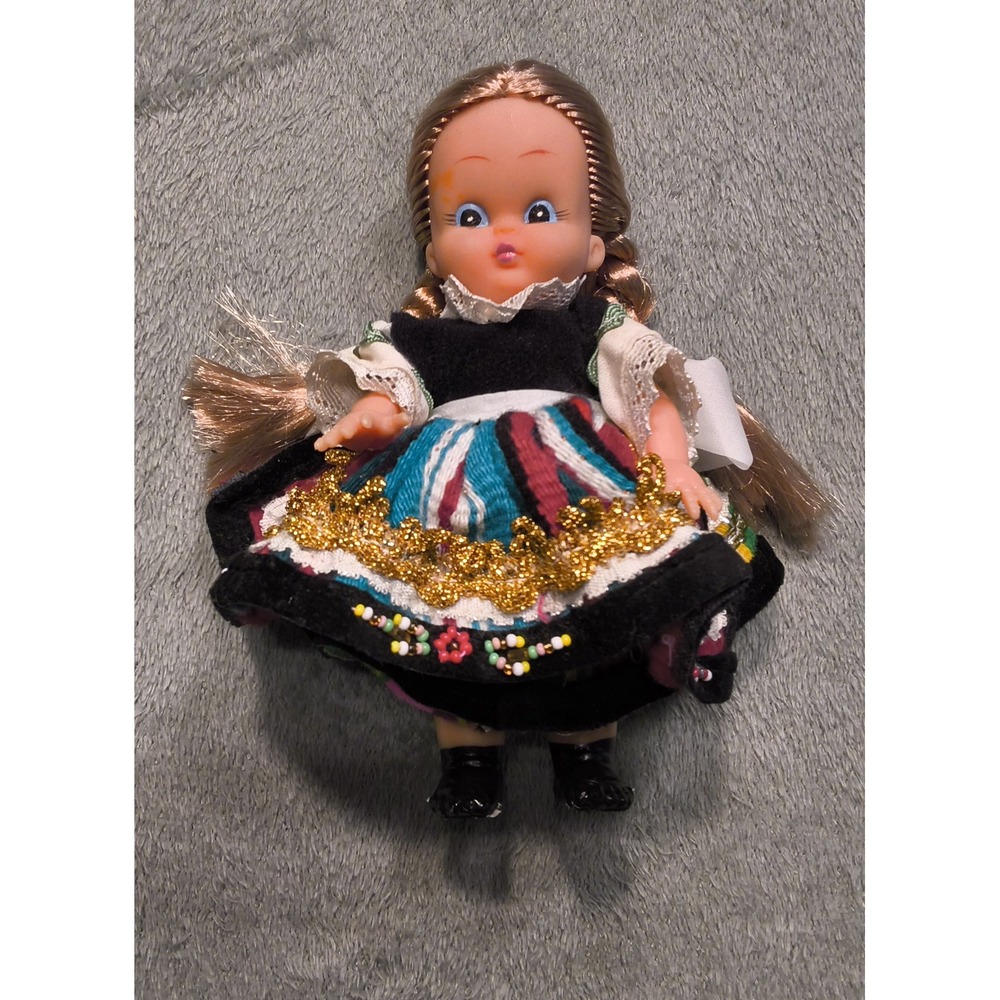 Vintage 6 Inch Miniature Doll Traditional European Folk Costume Braids Blue Eyes
